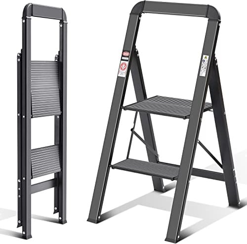 KINGRACK Leiter Aluminium, Trittleiter 2 stufen klappbar, leiter 2 stufen mit Handlauf, rutschfeste Haushaltsleiter mit Klappsicherung, Aluleiter Belastbar bis150 kg, für Zuhause, Büro, Garten,Schwarz