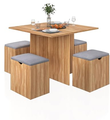Mondeer 80 x 80cm Esstisch mit 4 Stühlen,Hockern mit integrierten Stauraum | Essgruppe Platzsparend,Robust und langlebig,für Kleine Räume Esszimmer Küche, Roteiche und Grau