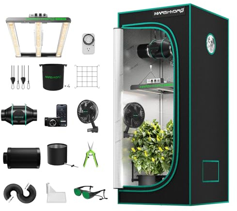 MARS HYDRO FC-E1500 Growzelt Komplettset, 80X80X160cm Smart Grow System | 80X80X160cm 1680D Hohe Reflektivität Growzelt Kit 4 205CFM Smart Belüftungssat Hydroponics Indoor Grow Set