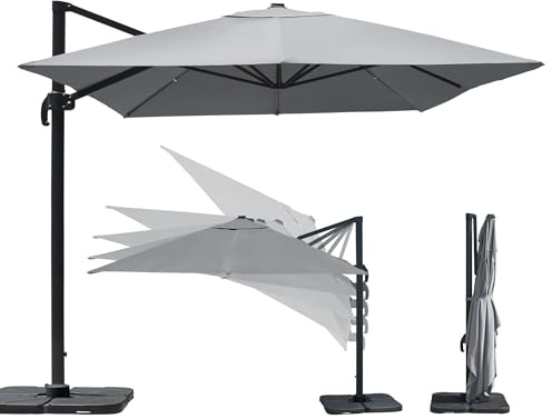 paramondo parapenda Sonnenschirm Ampelschirm aus 230 g/㎡ Polyesterfaser, Rechteckig, 4 x 3 m, Grau, 360° Schwenkbar, Kurbelbedienung, Stahl-Standkreuz und Gestell in Anthrazit, 25kg