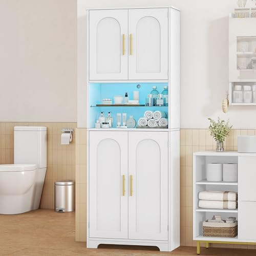 Hzuaneri Badezimmerschrank, Badschrank, Hoher Schrank Mit Farbwechselnden LED-Leuchten Und 4 Türen, Verstellbare Einlegeböden, Wohnzimmer, Badezimmer, 30 x 60 x 170 cm, Weiße Holzmaserung SC68213X