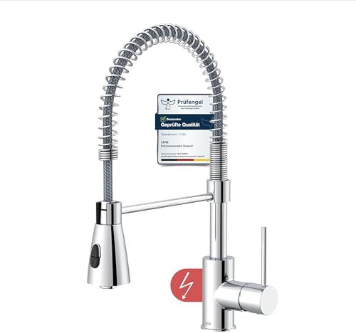 Lenz NIEDERDRUCK Küchenarmatur KALANI² in Chrom – Flexible Geschirrbrause mit 2 Strahlarten – Nickelfreie Wasserwege – Für drucklose Untertischgeräte oder Boiler – Höhe 46 cm – 46070402