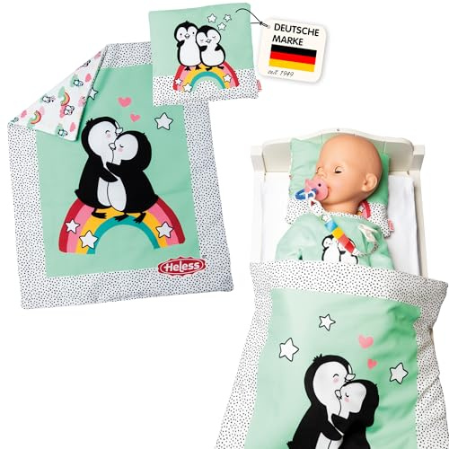 Heless 1000 - Puppen-Wendebettdecke mit Kissen im Pinguin Pünktchen Design, für süße Puppen-Träume