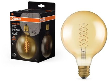Osram Lamps Vintage 1906 LED-Lampe Gold-Tönung,7W,600lm,Kugel-Form 125mm Durchmesser&E27-Sockel,warmweiße,spiralförmiges Filament,dimmbar,bis 15.000 Stunden Lebensdauer,4058075761674,48W-Ersatz