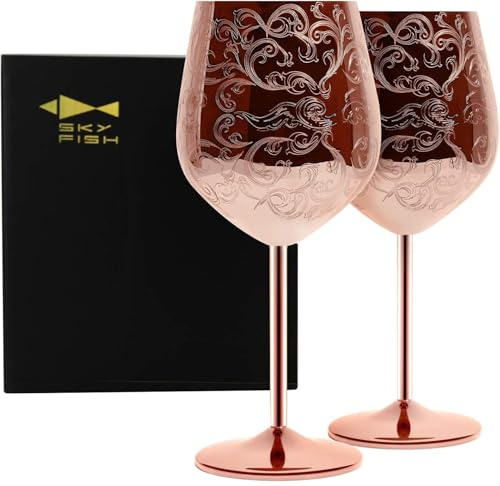 SKY FISH Weingläser aus Edelstahl, Geätzt mit Aufwendigen und Authentischen Barocken Gravuren, Kupferbeschichtete Weinkelche im Königlichen Stil, Hochzeitstag Geschenk, 2er-Set, Handwäsche, (480ml)