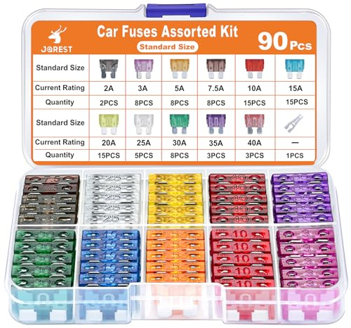 JOREST 90Pcs Kfz Sicherung Set - Standard Flachsicherungen Auto+ 1 Sicherungszieher - Automotive Sicherungen für PKW/Wohnmobil/LKW/Motorrad (2 Ampere 3A 5A 7.5A 10A 15A 20A 25A 30A 35A 40A)