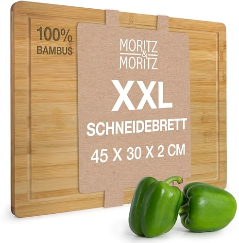 Moritz & Moritz XXL Schneidebrett Bambus Groß - 45 x 30 x 2 cm - Bambus Holzbrett mit Saftrille - Zum Schneiden, Anrichten und Servieren