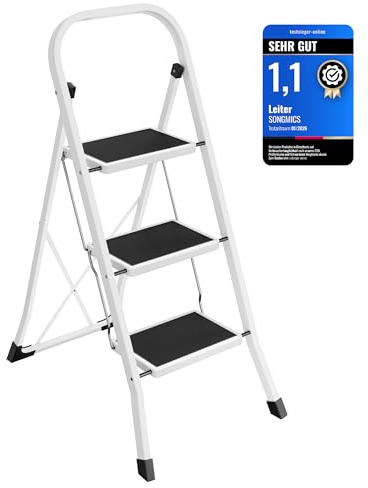 SONGMICS Trittleiter, Leiter mit 3 Stufen, Klapptritt, Klappsicherung, einfach zu verstauen, bis 150 kg belastbar, basisweiß GSL03WT