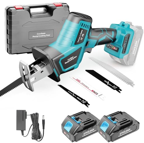 blayram Säbelsäge Akku 21V, 0–3000 U/min Säbelsägen mit variabler Geschwindigkeit, Reciprosäge mit 2x 2.0Ah Akku und Ladegerät & 4 Sägeblätter zum Schneiden von PVC/Holz/Metall