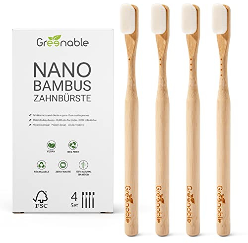 Greenable ® Nano Zahnbürste aus Bambus [4er Set] – 20.000 Extra weiche Borsten – 100% BPA-frei - Bamboo Toothbrush - Vegane & umweltfreundliche Bambus Zahnbürste (Weiß)