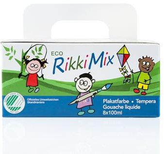 ECO RikkiMix Kinder Malfarben Set 8×100 ml – Ungiftig & Sicher ab 3 Jahren – Nordic Swan Ecolabel – Vegane Bastelfarben inkl. Pinsel & Mischpaletten