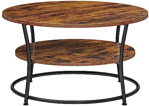 VASAGLE Couchtisch rund, Wohnzimmertisch, Sofatisch mit Ablage, einfacher Aufbau, Metall, Industrie-Design, vintagebraun-tintenschwarz LCT80BX