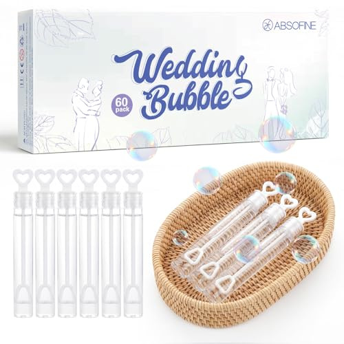 ABSOFINE 60x Seifenblasen Hochzeit Gastgeschenke gefüllt Wedding Bubbles für Hochzeiten Herzgläschen Set mit Herzgeriff
