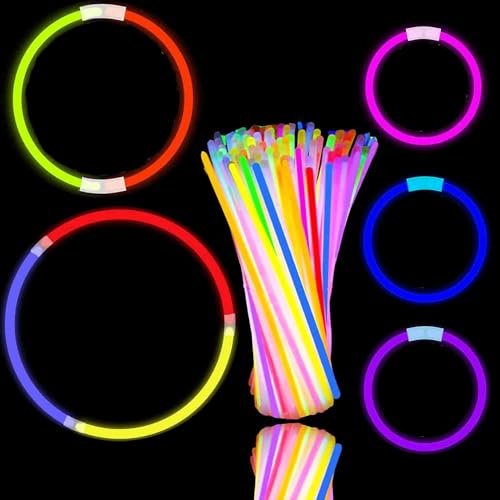 AuFiiy Knicklichter Party Set für Kinder, 100 Leuchtstäbe mit 100 Verbindern, 8 Farben, für Armbänder & Ketten, Party Deko für Geburtstag, Halloween, Weihnacht