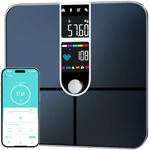 Körperfettwaage Hochpräzise, 22 Messwerte mit App, Waage mit Körperfett und Muskelmasse, Körperanalysewaagen mit großem LED-Display für Gewicht, Körperfett, Herzfrequenz & BMI, Smart Personenwaage