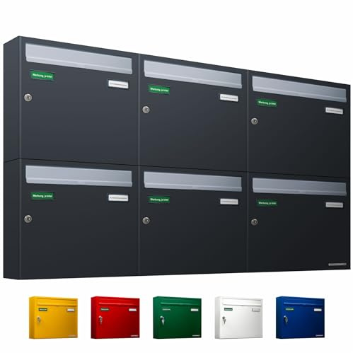 AL Briefkastensysteme Basic 6er Briefkasten RAL 7016 Anthrazit Grau/Einwurfklappe RAL 9006 Weiß Aluminium 6 Fach DIN A4 wetterfest mit Posthaltebügel und 2 Namensschildern