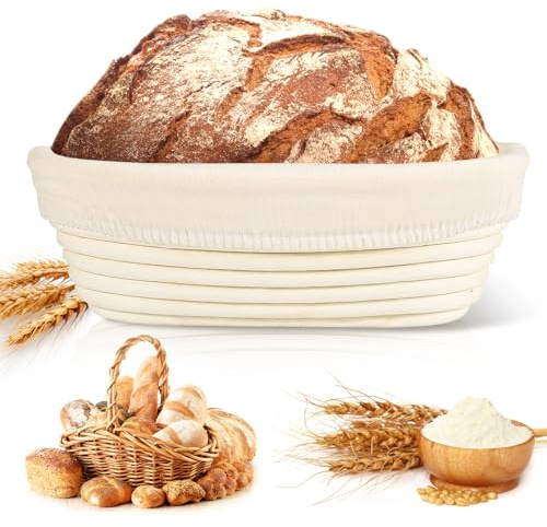 NZQXJXZ Gärkörbchen, Gärkorb Oval 25cm, 100% Natürlichem Rattan, Brotkorb Mit Waschbarem Leineneinsatz, Ideal zum Brot Backen für Professionelle und Häusliche Bäcker, Brotbacken