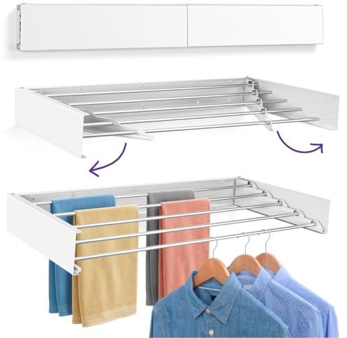 Altaudia Wandtrockner Ausziehbar 100cm Antioxidans – Unsichtbar und Klappbar mit 5 Aluminiumstangen, Ausziehbar 9.5–50 cm, Wandmontage innen Oder Außen, Einfache Montage, Faltbar