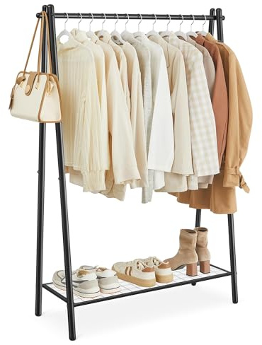 SONGMICS Kleiderständer, Garderobe, Garderobenständer, Kleiderablage, Stahlrahmen, mit Stange und Regal, 33,5 x 92,5 x 153 cm, für Schlafzimmer, Garderobe, Waschküche, Mattschwarz HSR23BK