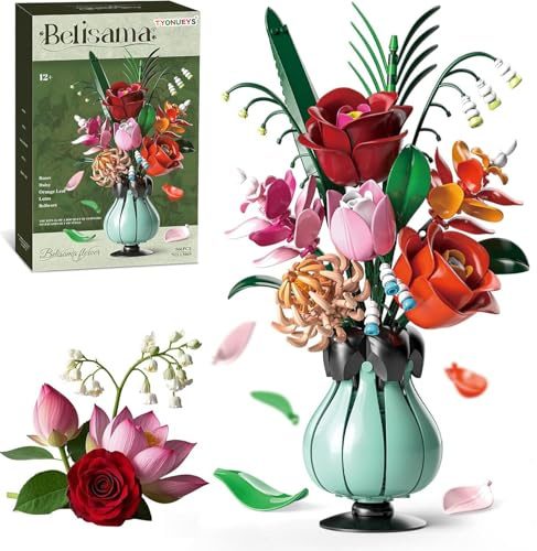 TYONUEYS Blumen Bauspielzeugset für Erwachsene, 566 Teile Blumenstrauß Bausatz Mit Vase, Botanical Kollektion Blumenstrauß Klemmbausteine, Geschenk für Geburtstag Valentinstag Muttertag Weihnachten