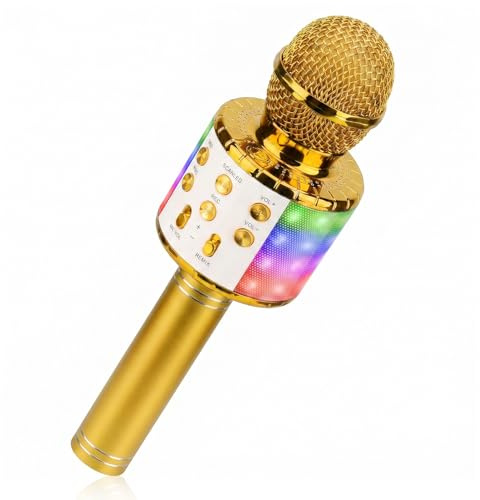 ShinePick Drahtloses Bluetooth Karaoke Mikrofon für Kinder - Tragbare LED 4 in 1 Sing Microphone für Heim KTV, Kompatibel Mit iOS Android PC (Goldfarben)