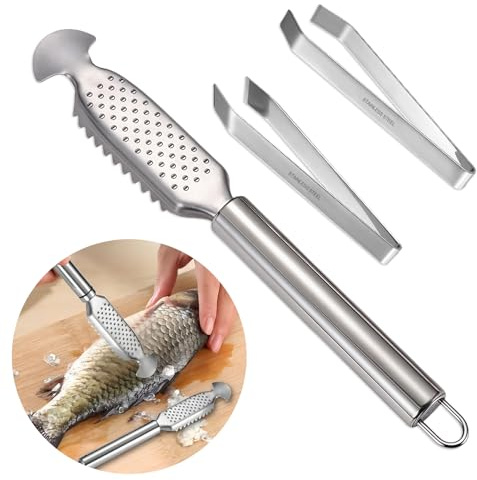 3 Fischentschupper Entferner,Edelstahl Fischentschupper,3 In 1 Fish Knife | Profi Fisch Entschupper,Fischschuppen Entferner mit 2 Grätenzange,Fischentschupper Set,für Küche, Meeresfrüchte Märkte