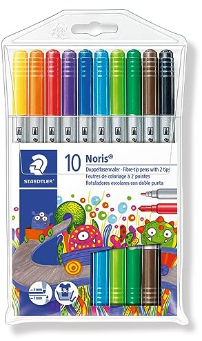 STAEDTLER 320 NWP10 Doppelfasermaler Noris Club (stabile, eindrucksichere Spitze, auswaschbar, Strichbreite 1-3 mm, Etui mit 10 farblich sortierten Doppelfasermalern) Mehrfarbig, 10Stück 1er Pack