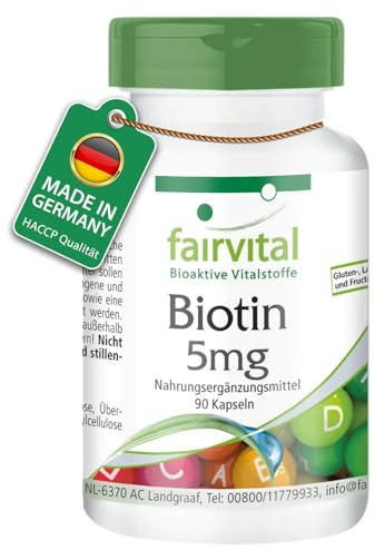 fairvital Biotin 5mg, 90 Kapseln, schluckfreundlich, mit 5000mcg Vitamin B7 pro Kapsel, HOCHDOSIERT, laktosefrei, VEGAN