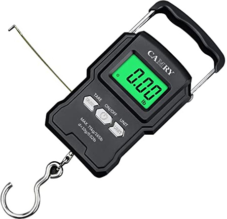 CAMRY Digitale Kofferwaage,166 lb/75 kg Elektronische Digital Fischwaagen Handwaage mit Maßband, 2 AAA Batterien enthalten, Beleuchtetes Display