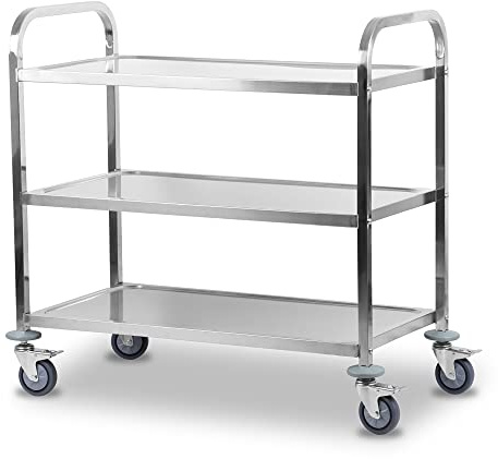 Mahlzeit Edelstahl Servierwagen mit 3 Etagen | 101,5 x 95 x 48,5 cm | Servicewagen mit Rollen und Feststellbremsen | 3 Etagen | Rollwagen, Geschirrwagen, Service Wagen, Catering, Gastro Servierwagen