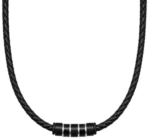 David Galvani Herren-Kette mit Bead-Anhänger aus Edelstahl, Halskette für Herren, Edelstahl, Kugel, Lederkette,Leder geflochten