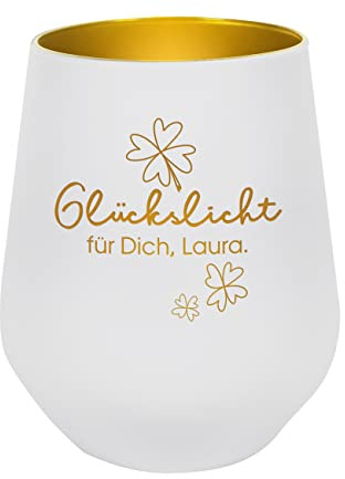 Herz & Heim® graviertes Windlicht mit Aufschrift Glückslicht und Wunschtext/Geschenkidee (Standard)