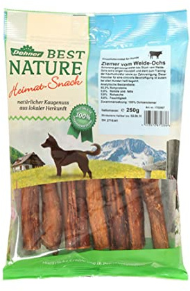 Dehner Best Nature Hundesnack, hochwertiges Leckerli getreidefrei / zuckerfrei, Kausnack für Hunde, Ochsenziemer, 250 g
