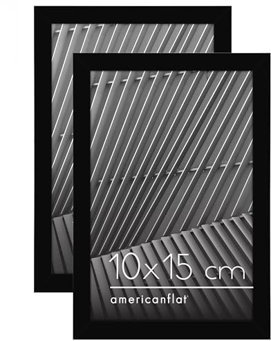Americanflat Bilderrahmen 10x15 cm in Schwarz - Dünner Rahmen mit Bruchsicheres Glas, Integrierter Ständer, Aufhängung für Wand und Tischplatte - 2er Set