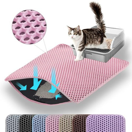 Petinstinct Katzenklo Matte, 60x45cm Doppelschichtiger Katzenklo Unterleger, wasserdichte Langlebige Entwurf Bienenwabe Katzenstreu Matte, Katzentoilette Vorleger, Rosa