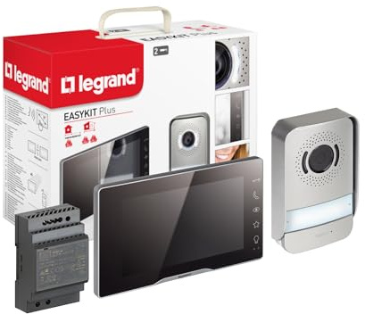 LEGRAND, EASYKIT Plus Video-Türsprechanlagen-Set mit 2-Draht-Anschluss, 7-Farbmonitor-verspiegelt & Weitwinkelkamera, 1-/2-Familienhaus-Set, erweiterbar, Reiheneinbau-Netzgerät, IP54-IK07, 368915