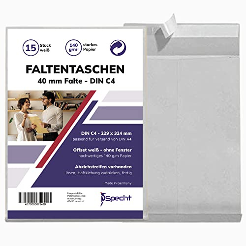 SPECHT 15 Faltentasche Versandtasche C4 Bodenfalte 40mm in Weiß ohne Fenster, mit Haftklebung und Abdeckstreifen, 229 x 324 x 40 mm, Premium Qualität, 150g/qm Papier, mit Falte, Faltenversandtasche