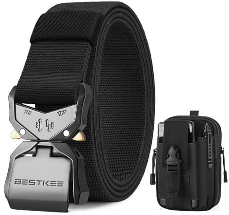 BESTKEE Herren Taktischer Gürtel, Arbeitsgürtel Schwerlast Gürtel, Militärstil mit Schnellverschluss Metallschnalle 38MM Breite, Geschenk mit taktischem Molle Beutel und Haken,Schwarz
