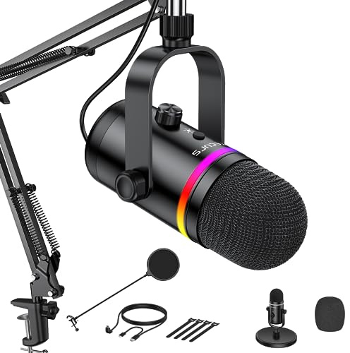 TECURS Gaming Mikrofon USB mit RGB Beleuchtung – Stummschalt-Taste & Geräuschunterdrückung, Studio-Qualität für Streaming/Podcast, Pop-Filter, für PC/Mac/PS4/Konsole