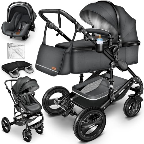 KIDUKU® 3 in 1 Kinderwagen XXL Set inkl. Babywanne Buggy Auto-Babyschale | Kombikinderwagen Komplettset mit Sportsitz Fußsack Vollgummireifen Wickeltasche Handwärmer Regenschutz Kindertisch ECE R129