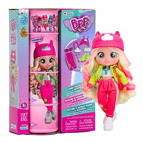 BFF by Cry Babies S2 Hannah Modepuppe mit Langen Haaren, Stoffkleidung und 10 Accessoires – Spielzeuggeschenk für Mädchen und Jungen + 5 Jahre