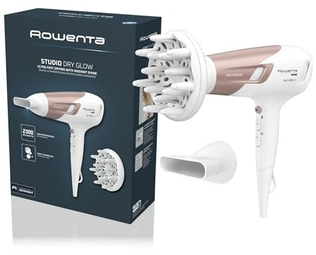 Rowenta Studio Dry Glow Haartrockner, 2100 Watt, Föhn mit Diffusor für Locken, 3 Temperatur- und 2 Geschwindigkeitsstufen, Ionenfunktion, Kaltlufttaste, weiß/roségold, CV5830