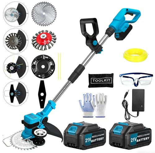 Rasentrimmer mit Akku für Makita, 21V Freischneider mit 2×3.0Ah Akku & unkrautbürste, Kantetrimmer mit 4 Klingentypen 12.000 U/min für Rasenmähen und Gartenpflege