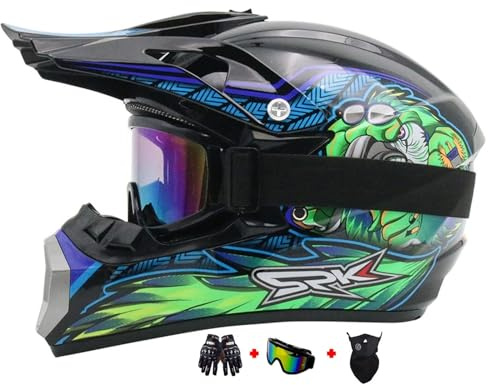 Motocross Fullface MTB Helm Kinder, Mit Handschuhe Maske Brille, Downhill Motorradhelm Kinder, Helm Set Herren ATV Motorradhelm MX Enduro, MTB Helm, Motorradhelm Motorrad Downhill Helm