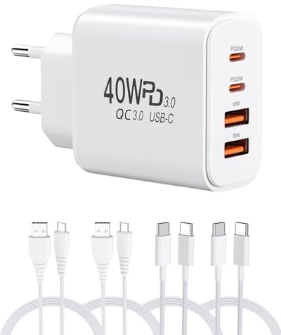 40W USB-Ladegerät mit 4 Kabeln, 2 USB-C + 2 USB-A Anschlüssen Wandladegerät für iPhone, Samsung, Android, iPad, Tablet - Kompakter Reise- und Homeoffice-Schnellladeadapter (1 Stecker + 4 Kabel)