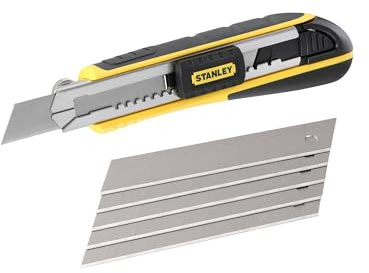 STANLEY FatMax Cuttermesser Profi Teppichmesser Stanley Messer mit Magazin (18mm Klingenbreite, 180mm Länge, Klingenführung aus rostfreiem Stahl, mit Klingenbrecher, inkl. 6 Abbrechklingen) 0-10-481