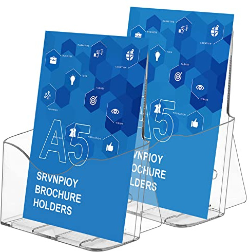 Srvnpioy 2 Stück Acryl Flyerständer A5, Tisch-Prospektständer, Flyer Aufsteller Prospekthalter A5 für Menü, Faltblatt, Transparent Broschürenständer für Büros, Theke, Hotel, Shop, Restaurant