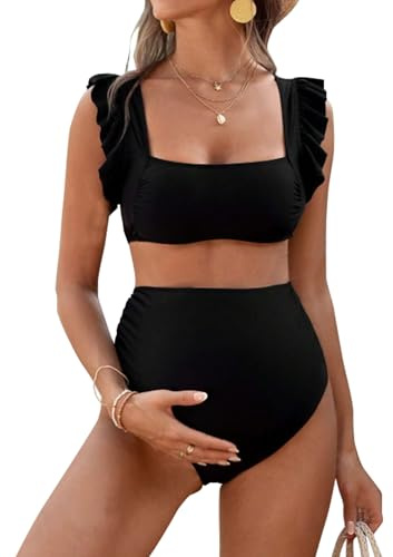tiorhooe Umstands-Bikini für Damen, Bikini-Set mit hoher Taille, Schwangerschafts-Badeanzüge, zweiteilige Bademode, schwarz 2, M