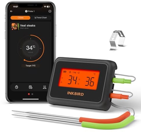 Inkbird IDT-22-B Bratenthermometer, Bluetooth 5.0 Grillthermometer, 330ft (100m) App-Steuerung, HD-LCD, Fleischthermometer, Ofenthermometer mit 2 Sondes für Grill, Braten, Grillen und Kochen