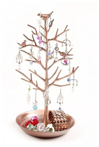FSROOMZ Baum Schmuckständer mit Vögel Deko, Kettenständer Schmuck Baum für Ketten Ring Ohrring, Damen Armbandständer Schmuckhalter Ohrringhalter Metall Schmuckaufbewahrung für Mädchen Frau (Bronze)